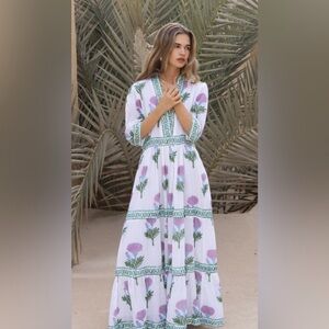 NWT Oliphant V-neck Cuffed Maxi Bloom Lilac Floral Cotton Toile Dress Womens XS